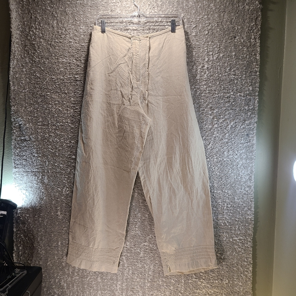 Charter Club Linen Pants Women's 14 Brown Tan Pull On Elastic Waist Wide Leg